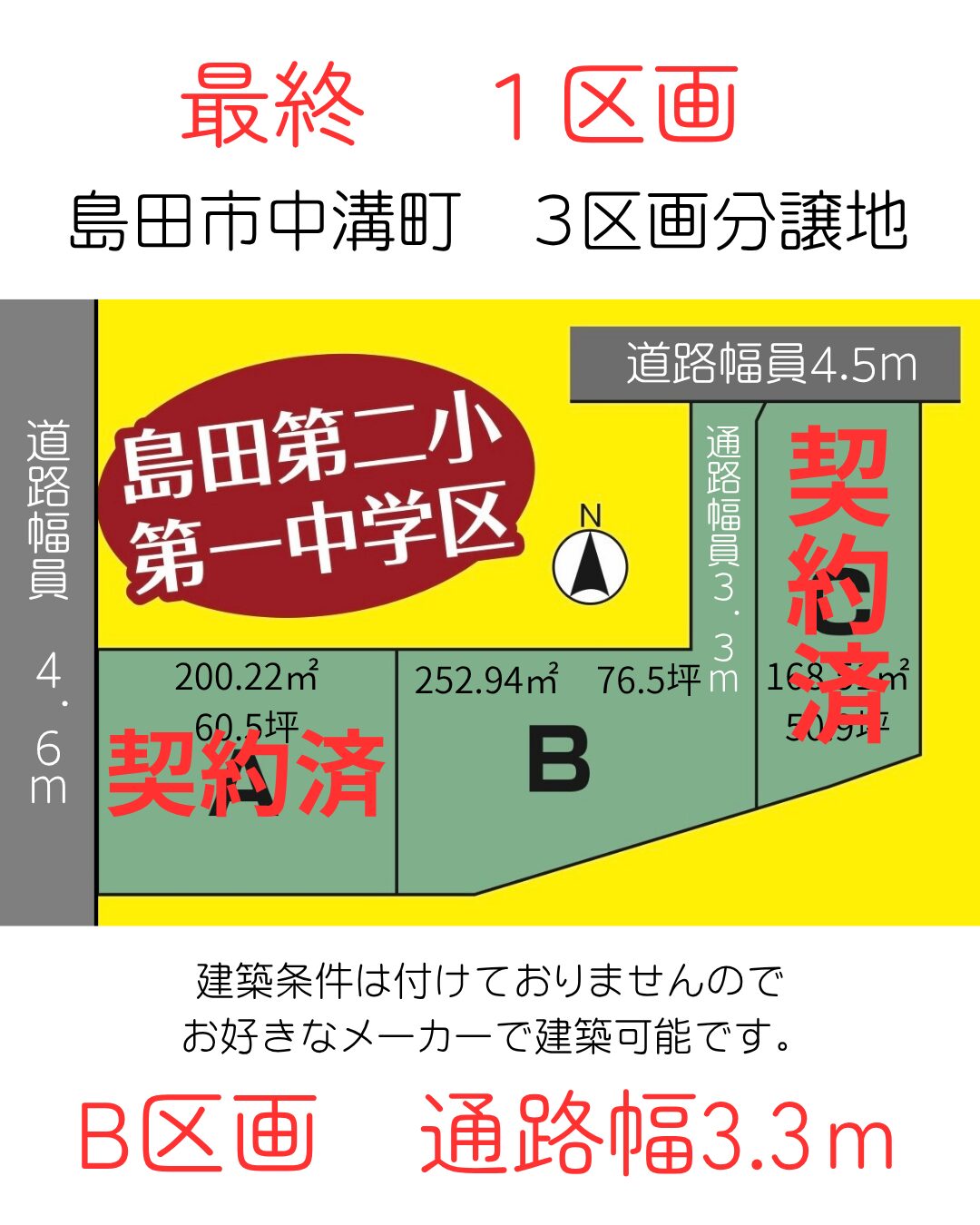島田市中溝町　3区画分譲地　建築条件無 　最終１区画販売B区画